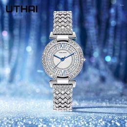 Wristwatches UTHAI H127 Women's All Sky Star Diamond Brand Quartz Watch Simple Fashion Small Dial Steel Band Waterproof Clock Girl Jewellery