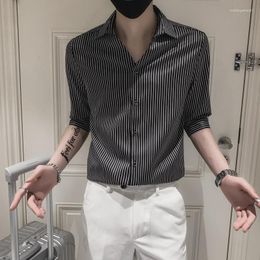 Men's Casual Shirts Men White Black Slim Youth Fashion T-shirt Summer Three Quarter Striped Mens Shirt Turn-down Collar