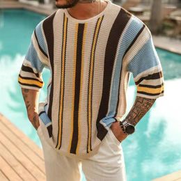 Men's Sweaters Men Striped Knitted Sweater Pullover Fashion O Neck Half Sleeve Clothing Summer Hollow Out Slim Fit Casual Jacquard Tees Tops