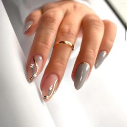 False Nails 24Pcs Short Almond Grey Gold And White Flowers Nail Finished Patches French Fake Full Cover Tips Press On