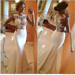 Vintage Mermaid Lace Applique Illusion Wedding Dresses Sleeveless See Through Sweep Train Trumpet Bridla Gowns White Jewel Wedding289u
