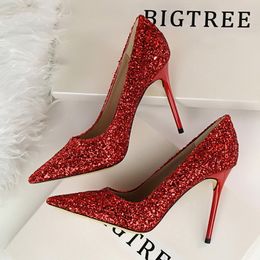 9219-1 European American Style Dress Shoes high heels shallow mouth pointed toe shining sequins sexy slimming nightclub single shoes