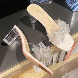 Dress Shoes Summer Transparent High Heels Sandals Women Crystal Bow Slippers Wedges Ladies Clear Slides Flipflops Jelly Sandalia Femme