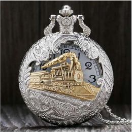 Vintage Silver Charming Gold Train Carved Openable Hollow Steampunk Quartz Pocket Watch Men Women Necklace Pendant Clock Gifts244N