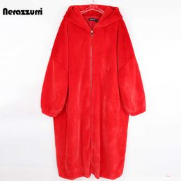 Women's Fur Faux Fur Nerazzurri Winter Long Oversized Red Warm Fluffy Faux Fur Coat Women Bat Sleeve Zipper Hood Loose Casual Korean Fashion 2021 HKD230727