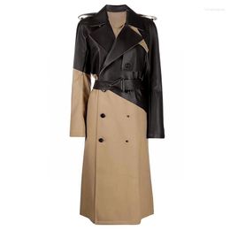 Women's Trench Coats Model Show Autumn Fashion PU Leather Splicing Coat For Women Double Breasted Khaki Long Windbreaker