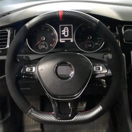 Car Steering Wheel Cover Carbon Fibre Leather Black Suede For Volkswagen VW Golf 7 Mk7 Touran Up New Polo Jetta Passat B8 Tiguan244J