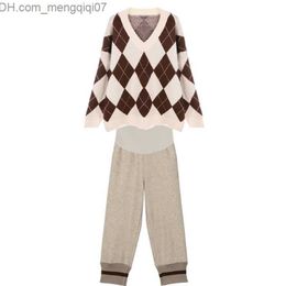 Maternity Dresses Women's maternity fashion loose fitting plain knit sweater and pants two-piece set for women's wool winter wear M-2XL Z230728