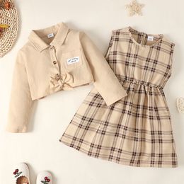 Clothing Sets 16Years Little Girl Clothes Suit Sleeveless Plaid DressSolid Long Sleeve Top 2Pcs Costume Kids Spring Casual Skirt Outfit 230728