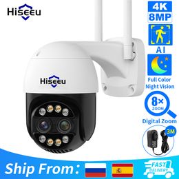 Pinhole Cameras Hiseeu 4K 8MP Dual Lens PTZ Wifi IP Camera 8X Zoom Outdoor HD Full Colour Night Vision Human Detection Video Surveillance 230727