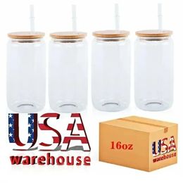 US CA warehouse 16oz Sublimation Glass Beer Mugs with Bamboo Lid Straw DIY Blanks Frosted Clear Can Shaped Tumblers Cups Heat Cocktail Iced Coffee Soda JY18