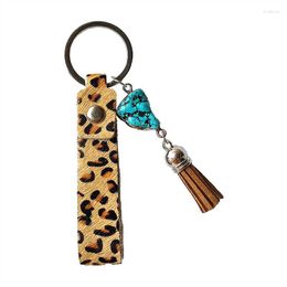 Keychains Fashion Women Accessories Zebra Leopard Genuine Leather Furs Key Rings Gift Luck Turquoise Stone