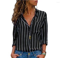 Women's Blouses 2023 Summer Fashion Casual Loose Fit Slim Printed Striped Long Sleeve Shirt Multi Color Single Breasted Lapel Pocket Top