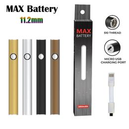 Original Max Battery 11.2mm Diameter Cartridge Batteries USB Passthrough 380mAh Preheat Voltage VV Vape Pen fit 510 Carts Factory Direct Supplies