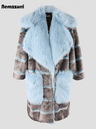 Women's Fur Faux Fur Nerazzurri Winter Oversized Striped Thick Warm Patchwork Faux Fur Coat Women with Big Collar and Pockets Luxury Designer Clothes HKD230727