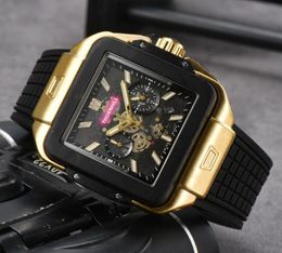 ICE Out Hip Hop Men's Square Gear Skeleton Dial Watches Thickness Rubber Belt Quartz Movement No-Mechanical Clock Calendar Gold Bracelet Stopwatch Wristwatch Gifts