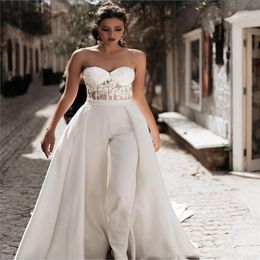 Fashion jumpsuit Wedding Dresses With Detachable skirt Floor Length Custom Made Sweetheart Lace Appliqued Beach wedding dress293G