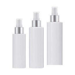 Packing Bottles 100Ml/150Ml/200Ml White Plastic Spray Bottle Gold Ring Top Refillable Portable Cosmetic Packaging Drop Delivery Office Otrkh