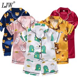Pajamas LJW Childrens Set Boys and Girls Ice Silk Satin Top Pants Baby Cotton Dinosaur Home Wear 230728