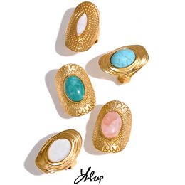 Wedding Rings Yhpup Stainless Steel Natural Stone Pink Green Turquoise Hyperbolic Ring Women Bohemian Stylish Adjustable Big Summer Jewelry 230727