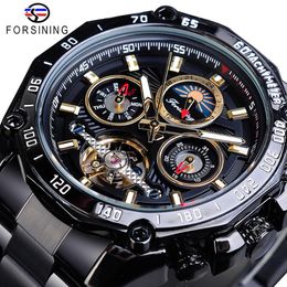 cwp Forsining Classic Black Mens Mechanical Watches Tourbillon Hollow Skeleton Self-Wind Date Moonphase Steel Belts Automatic Watc203r