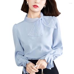 Women's Blouses Autumn Women Chiffon Shirt Long Sleeve Bow Knot Eleagnt Light Blue Shirts Woman Tie Tops