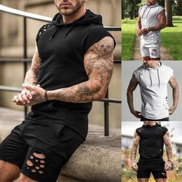 Men's Tracksuits Men Fitness Pure Hole Sport Hooded Vest Tops Elastic Short Pants Two Piece Sets