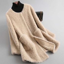 Women's Fur Faux Fur 2023 Winter Particle Sheep Shearing Fur Coat Women Femme Long Sleeve O-Neck Mid-Length Lamb Velvet Fur Jacket Female H2010 HKD230727