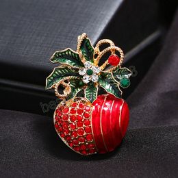 New Year Christmas Rhinestone Brooches for Women Inlaid Apple Shape Brooch Pin Clip Clothing Scarf Xmas Gift