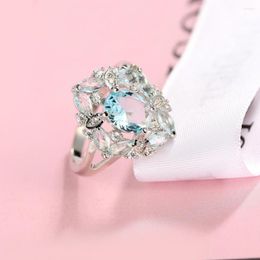 Wedding Rings Fashion Classic Plating Platinum Engagement Ring Big Transparent Blue Zircon Female Women Sparkling CZ Flower Jewellery