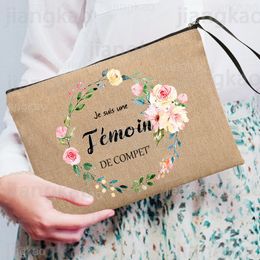 French Flower Printed Makeup Bag Witness Cosmetic Case Beauty Wedding Gift Female Neceser Toiletry Organiser Linen Zipper Bags
