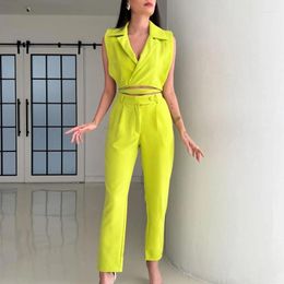 Women's Pants Slim Fashion Sexy Solid Colour Sleeveless Short Jacket Elastic Waist Nine Minutes Trousers Two-piece Suit Women Clothes