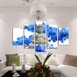 No Frame 5 Panel Large orchid background Buddha Painting Fengshui Canvas Art Wall Pictures for Living Room Home Decor2339