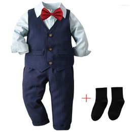 Clothing Sets 2023 Baby Boys Clothes Set Kid Formal Gentleman Suits Birthday Party Dress Bowtie Shirt Vest Trousers 4Pcs Send Socks