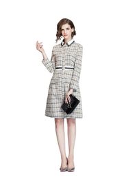 New design women's turn down collar long sleeve slim waist sashes tweed Woollen houndstooth plaid grid a-line knee length dress