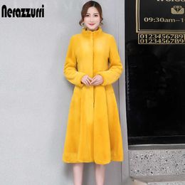 Women's Fur Faux Fur Nerazzurri Fit and Flare Warm Thick Soft Faux Fur Coat Women Long Sleeve Stand Collar Winter Yellow Grey Fluffy Furry Overcoat HKD230727