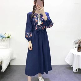 Casual Dresses Embroidery Dress Women White Linen Red Floral Long Sleeve Midi Autumn Winter Vintage Elegant Ethnic 2023 Clothes