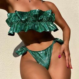Women's Swimwear 2023 Trend Women Shiny Green Snake Print Ruffle Pleate Push Up Swimsuit Beach Bathing Suit 2-piece Sexy Bikini Set