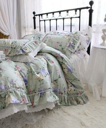 Bedding sets American Floral bedding set 80 count quality cotton elegant ruffle lace duvet cover queen size linens 230727