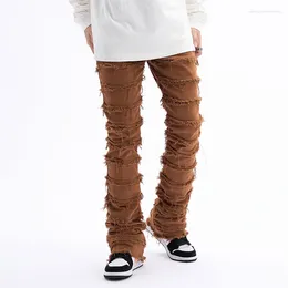 Men's Jeans Hip Hop Streetwear Striped Tassel Frayed Straight Baggy Pants Male And Female Solid Color Casual Denim Trousers