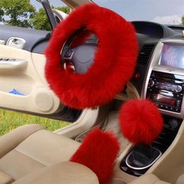 3Pcs Set Winter Long Wool Car Steering Wheel Gear Knob Shifter Parking Brake Cover Warm Soft Plush Women Auto Accessories 6Color254U