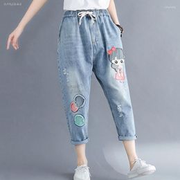 Women's Jeans Arrivals Big Size Cartoon Embroidery Woman Denim Fashion Summer Streetwear Loose Jean Capris Pants Female 3XL 4XL