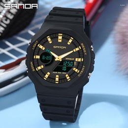 Wristwatches SANDA Top Luxury Men Multifunctional Quartz Dual Display LED Electronic Waterproof Military Sport Alarm Clock Luminous Watch