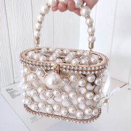 Evening Bags Luxury Designer Pearl Handbag and Purses For Women Hollow Out Wedding Party Clutch Bag Metal Handle Evening Bags 230727