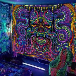 Decorative Objects Figurines Black Light Tapestry UV Reactive Psychedelic DJ Hippie Wall Hanging Decor for Bedroom Dorm Indie Room Decoration 230727