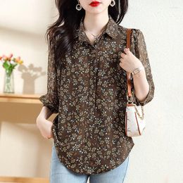 Women's Blouses Vintage Printed Lapel Loose All-match Floral Chiffon Shirt Female Clothing 2023 Summer Oversized Casual Tops Commuter Blouse