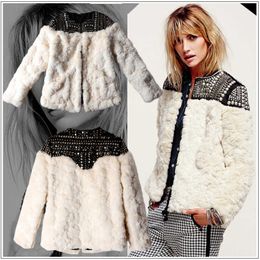 Women's Fur Faux Fur Europe new fashion 2023 brand women winter wool fur coat beige long sleeve beading patchwork thick warm jackets and coats S2723 HKD230727