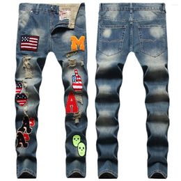 Men's Jeans Hip-hop Style Multi-position Zhangzai Towel Bottom Embroidery Hole Patch Nostalgic Color Slim Small Straight Man