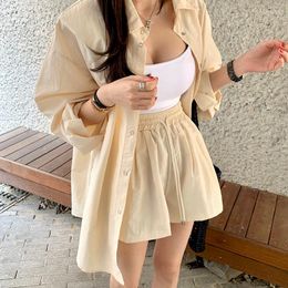 Women's Tracksuits Iyundo 2023 Korean Summer Simple Polo Neck Long Sleeve Shirt High Waist Versatile Solid Colour Shorts Casual Pants Set