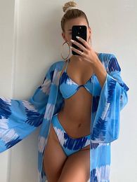 Women's Tracksuits GPBD 2023 Sexy Holiday Beach Style Printed Women Suit Long Sleeve Outwear Short Top Pants Bikini 3 Piece Sets